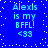 Blue background with white pixelated dots; four identical text blocks reading "Alexis is my BFFL! <33" in light blue blocky font.