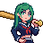 Pixel art character with green hair in a sailor uniform holding a brass instrument, showing multiple facial expressions against gray background.