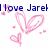 Pixelated graphic with blue text 'I love Jarek' and pink heart symbols on white background.