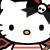Hello Kitty character with black hair accessory and skull design on a black background, next to red "Hello Kitty" text in pixelated style.