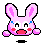 Pixelated pink rabbit with large ears, white eyes, red cheeks, and a small mouth in various expressions