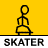 A 5x5 contact sheet of animated stick figure skater frames on a yellow background with "SKATER" text labels below each frame.