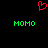 Red pixelated heart symbol above two green 'MOMO' text blocks on black background.