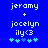Blue background with white pixelated text reading 'jeromy', '+', 'jocelyn', 'ily<3' and five cyan plus symbols below, showing two animation frames where the third symbol shifts from light to dark cyan.