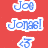 Red background with blue text reading 'Joe Jonas!' and a pointing hand icon, next to a person in white shirt and black bow tie against blue backdrop.