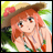 Pixelated anime-style character with orange hair and a straw hat, holding a red object near her face against a green and yellow background.