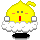 Two pixelated yellow cartoon characters with white cloud-like bases and black feet, one with open mouth red tongue, the other with closed eyes.