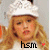 A pixelated image of a person with long blonde hair wearing a white cap, showing two distinct heart symbols below the text 'hsm' in black.