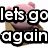 Pixelated pink plush bear in brown cardboard box with text 'lets go again' overlaid on left side.