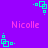 Pixelated green square icons and pink text on purple background, with repeated 'Nicolle' labels across the image.