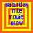 Four identical square display blue text on yellow and orange backgrounds with pixelated edges