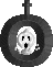 Pixelated ghost icon in a dark circular frame with cross-shaped top, showing two states: one with open mouth and closed eyes, another with closed mouth and spiraling eyes.