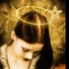 A figure with dark hair and a golden halo, wearing light-colored clothing against a textured brown background.