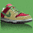 Five pixelated sneakers on green background, each with distinct color schemes and lacing patterns.