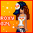 Pixel art contact sheet showing two frames of an animated AIM buddy icon featuring a female character with long brown hair, wearing a white tank top and dark pants against an orange background with white stars.