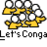 Animated contact sheet showing two frames of a pixel art buddy icon with yellow stick figures dancing, red text 'badass buddy .com', and black text 'Let's Conga' on gray background.