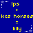 Blue background with yellow text and white star icons; text includes 'lps', 'kcs horses', and 'lilly' in repeating patterns; star icons alternate between white and light blue with dotted trails.