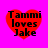 Four identical red heart-shaped icons with black text "Tammi loves Jake" on a bright pink background, arranged in a