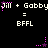 Pixelated text displays 'Jill + Gabby' repeated three times with 'BFFL' below each, accompanied by pink star animations on a black background.