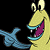 A pixelated cartoon character with a yellow body, blue mouth, and purple tongue points left while standing next to green text reading "Original Icons .com" on a dark background.
