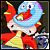 Animated pixel art of a red-winged character with blue headgear holding a green object, text below changes from 'TO' to 'TO THE RESCUE?' across frames.