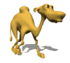 Animated 3D camel walking cycle with four distinct poses showing forward motion, rendered in solid tan color against white background.