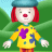 Pixelated cartoon clown with red hair, blue hat, yellow shirt with purple and blue patches, white gloves, orange pants, standing against green background with light blue sky.