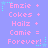 Pixelated text on a light purple background with cyan star accents, repeating 'Emzie + Cokes + Hailz + Camie = Forever!' in pink and white.