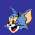 A split-screen pixel art image featuring a blue cartoon cat on the left and green text on the right, with visible dithering and blocky rendering typical of early digital graphics.