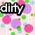 Pixelated image with pink, purple, green, and blue circles on a light pink background, overlaid with black-outlined white text reading "dirty," "blonds have," "more," "fun," and "<3.".