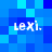 Four identical pixelated text instances of 'Lexi.' displayed on a blue gradient background with varying shades of blue.