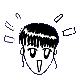 Black-and-white cartoon head with short hair and bangs, showing two expressions: open-mouthed surprise with floating white fragments and closed-eye smile with a pointing finger.