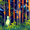 Pixel art forest scene with tall trees, glowing figure among foliage under dark blue sky.