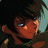 Pixelated anime-style character with brown hair and blue eyes, holding a sword, next to stylized text on a black background.