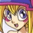 Pixelated anime-style character with blonde hair and blue eyes, wearing a purple hat with pink trim against black background text.