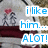 Pixelated image shows two figures on a bench with red heart above one figure, blue text overlays reading 'i like him... ALOT!' in three separate white boxes.