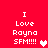 Red background with white pixelated text reading "I Love Rayna SFM!!!!" and a heart symbol, displayed in four identical with one heart in white and three in pink