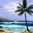 Pixelated beach scene with palm trees, ocean waves, and blue sky; text 'SUMMER' in blocky blue letters at top center.