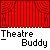 Animated sequence of a white-headed figure in blue clothing performing actions on a stage with red curtains and grey background, with text "Theatre Buddy" below each frame.