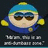 Pixelated cartoon character with blue and green headwear, brown sunglasses, yellow shoulder accents, and a blue body against a dark background.