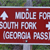 Red sign with white text and arrows showing Middle Fork, South Fork, and (Georgy Pass) on a pixelated image.