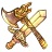 Pixelated icon of a brown and tan creature with large ears holding a golden sword, standing in a dynamic pose against a white background.