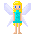 Pixelated fairy avatar with blonde hair, blue eyes, white wings, and turquoise dress in four distinct poses.