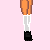 Pixelated character with brown curly hair, white shirt, dark tie, and plaid skirt on pink background with text.