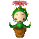 Pixelated green cactus-like character with pink flower on head, brown pot base, and closed eyes in various poses.