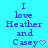 Pixelated text on cyan background reads 'I love Heather and Casey' with pink heart symbol, two identical frames side-by-side.