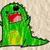 Green cartoon creature with wide open mouth and single black eye on beige textured background.