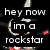 Pixelated cartoon rabbit with pink nose and red shirt plays electric guitar against black background, text reads 'hey now im a rockstar' in white lowercase letters.