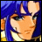 Pixelated anime-style character with blue hair and golden armor, next to stylized text on black background.