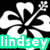 Pixelated icon with white clover-like shape on black background and green banner reading 'lindsey' in white text.